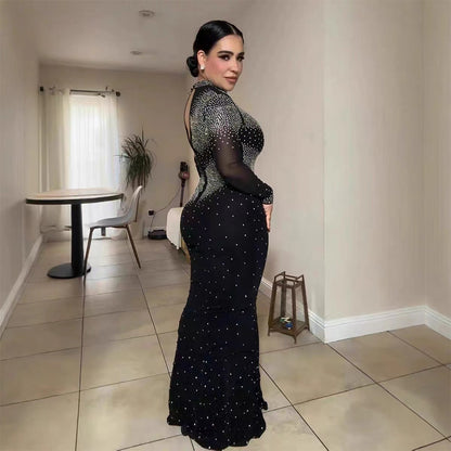 Half Turtleneck Sexy Sheath Maxi Dress Party Rhinestone