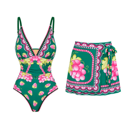 Multicolor V-neck One-Piece Swimsuit Skirt