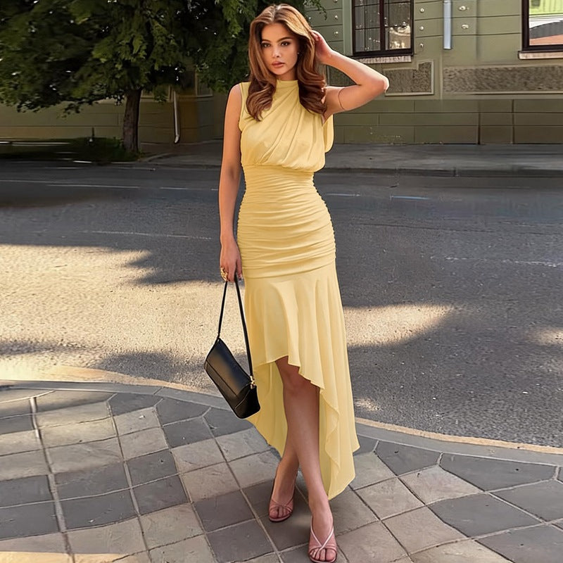 Women Clothing Summer Sleeveless Pleated Waist Tight Slimming Irregular Asymmetric Dress Flash Vision