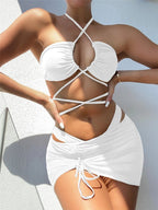 Women Split Swimsuit Solid Color Sexy Bandage Pleating Three Piece Sexy Bikini Wing Lok