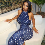 Women Clothing Waist Trimming Polka Dot Backless Jumpsuit Halter Sleeveless Sports Long Jumpsuit Kinci