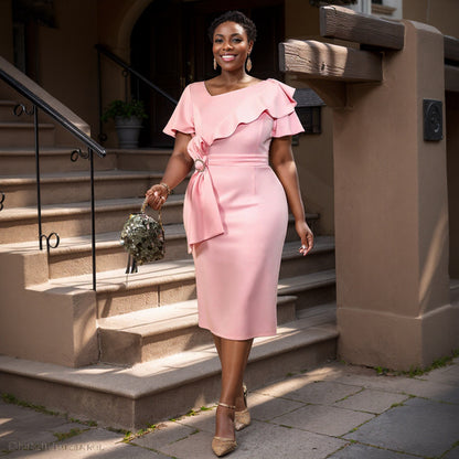 Asymmetric Collar Ruffled Dress Elegant Socialite Hip Dress