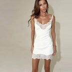 Summer Sexy Lace Stitching Sexy Dress Slim Fit Waist Trimming Spaghetti Straps Sheath Solid Color Dress LaceCH