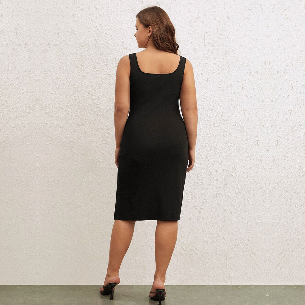 Plus Size Summer Slim Fit Slimming Square Collar Sleeveless Split Sheath Sexy Dress Yido