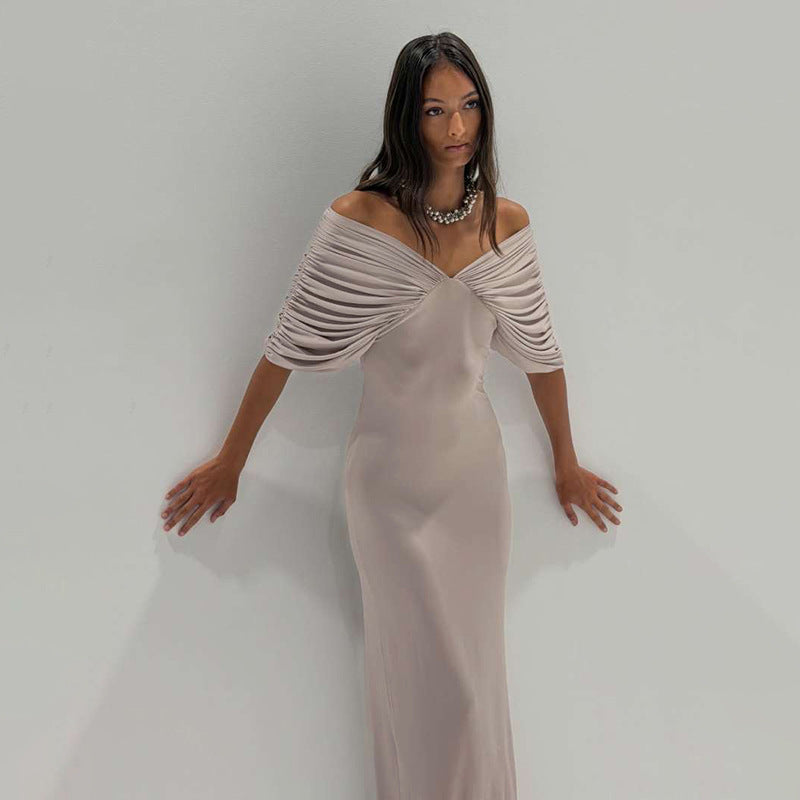 Spring Women Clothing Sexy off Neck Sleeve Slim Solid Color Maxi Dress Women YIMAIL