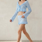 Solid Color Sexy Knitted Beach Skirt Bikini Swimsuit Blouse Sun Proof Set Women Mangar