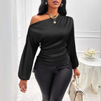 Chemise en satin pour femme, automne-hiver, asymétrique, manches longues, col diagonal
