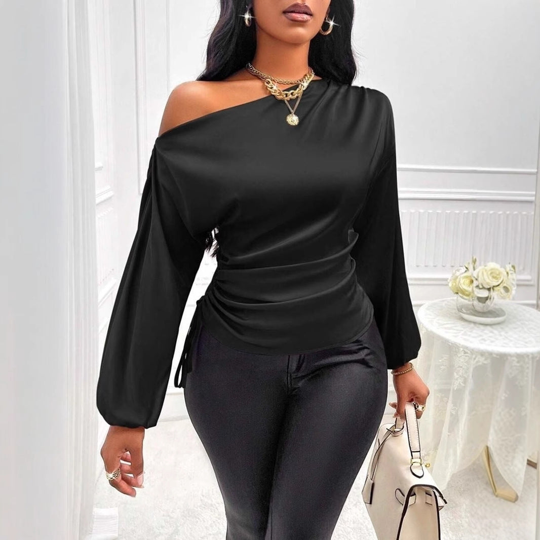 Chemise en satin pour femme, automne-hiver, asymétrique, manches longues, col diagonal