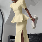 Side Slit Skirt Set Women round Neck Short Sleeve Top Office Two Piece Set Kigali