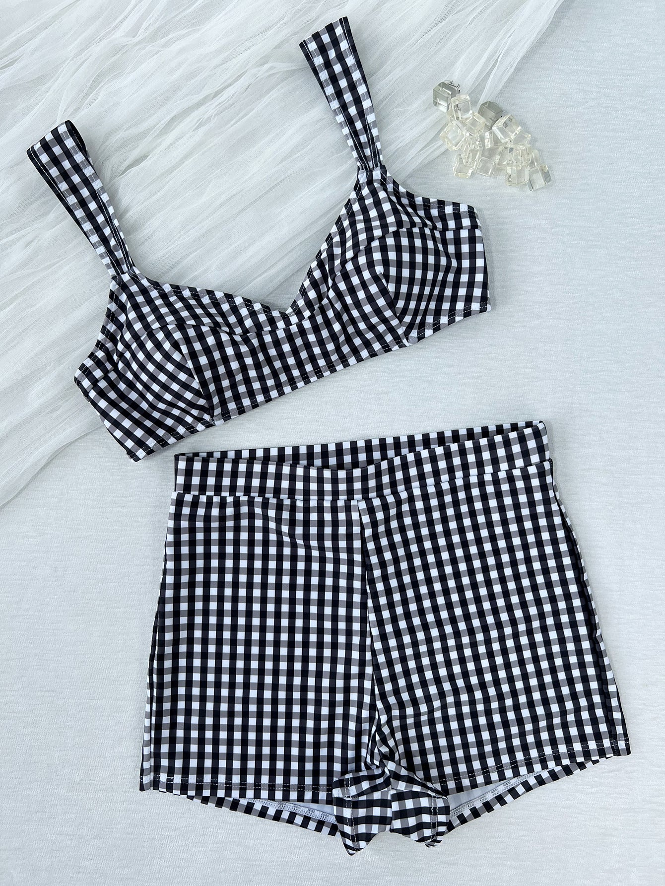 Ladies Split Plaid Printed Tied High Waist Shorts Bikini Swimsuit Bikini YatHin