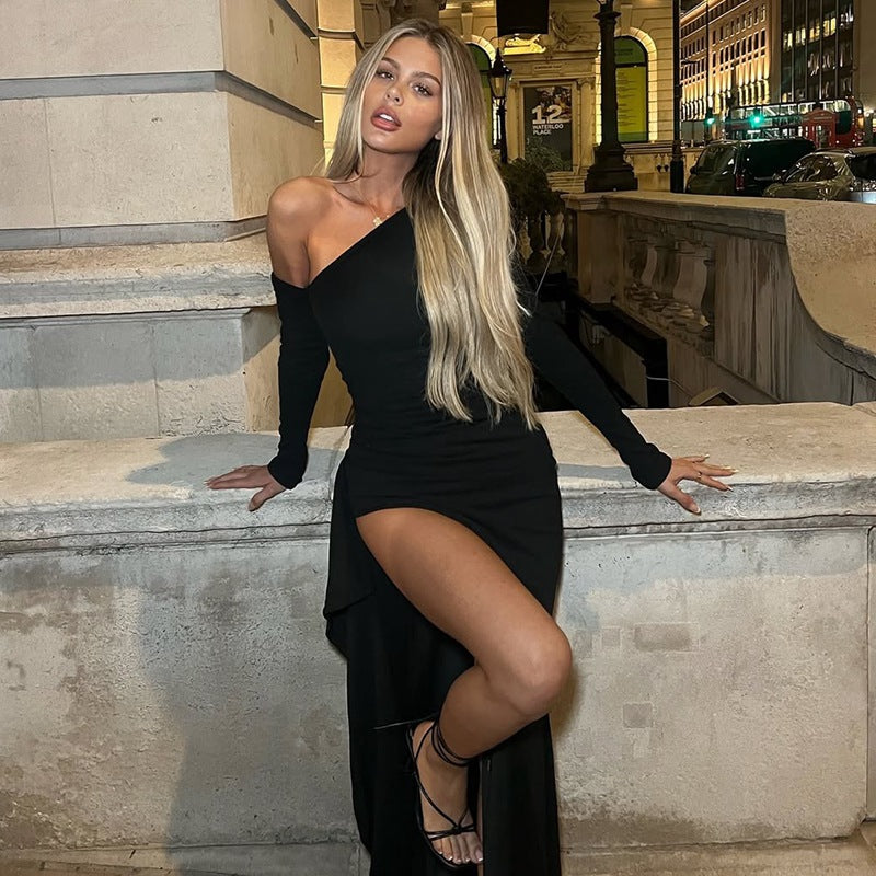 Women Autumn Sexy Diagonal Collar off the Shoulder Fitted Waist Pleated Irregular Asymmetric Slit Dress
