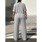 Plus Size Women Clothing Casual Two Piece Set round Neck Short Short Sleeve T shirt Drawstring High Waist Wide Leg Pants Loose Outfit CJENNY