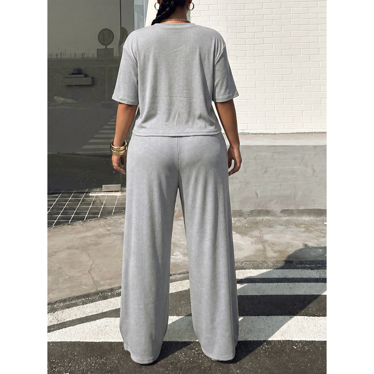 Plus Size Women Clothing Casual Two Piece Set round Neck Short Short Sleeve T shirt Drawstring High Waist Wide Leg Pants Loose Outfit CJENNY