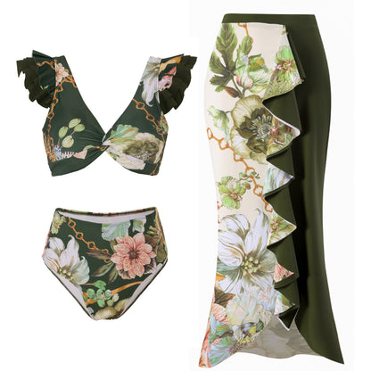 Maillot de bain rétro taille haute fendu pour femme, ensemble bikini à volants, jupe de plage en mousseline