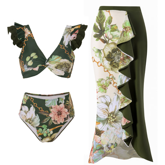 Maillot de bain rétro taille haute fendu pour femme, ensemble bikini à volants, jupe de plage en mousseline