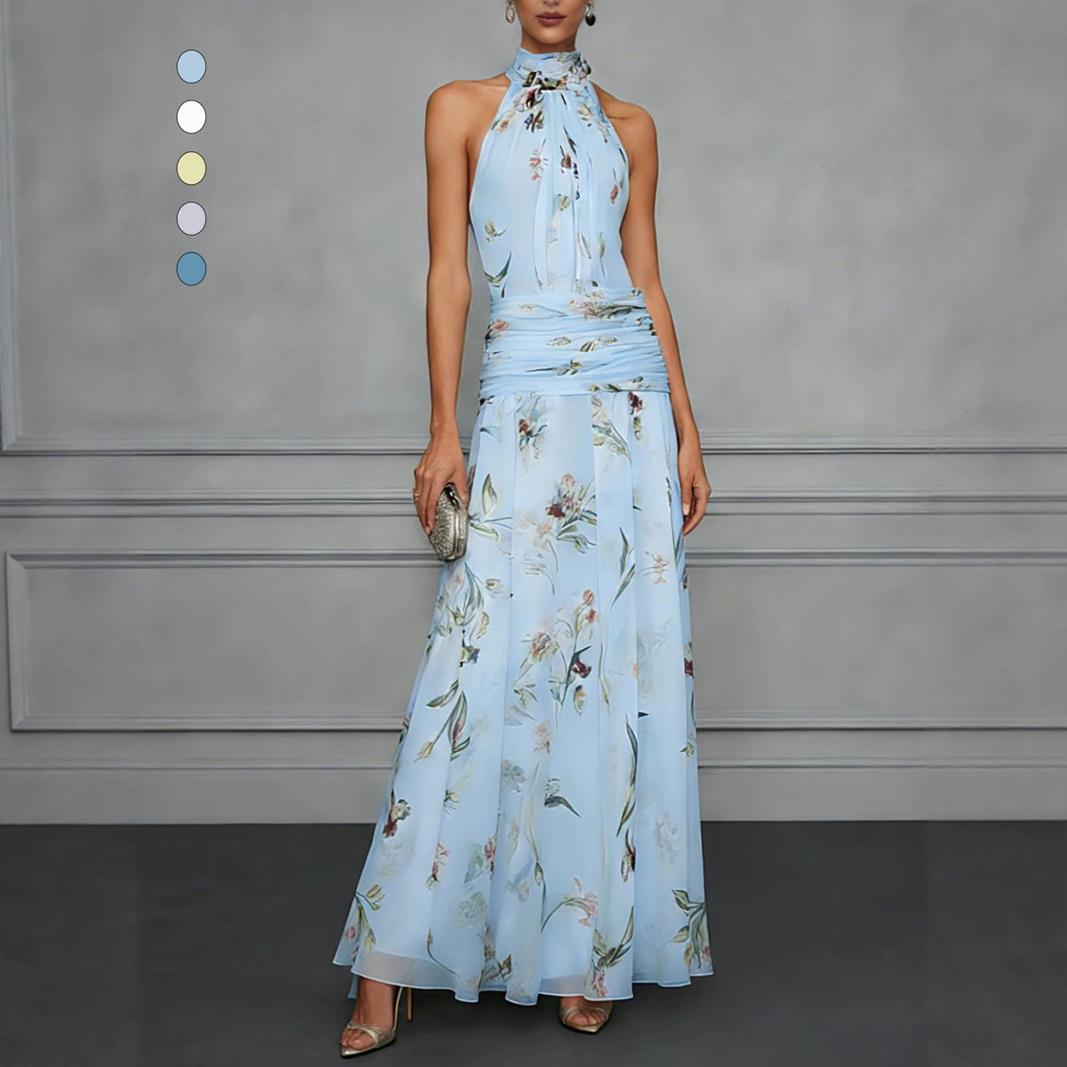 Halterneck Printed Dress Graceful Bow Lace up Waist Controlled Large Hem Maxi Dress Venly