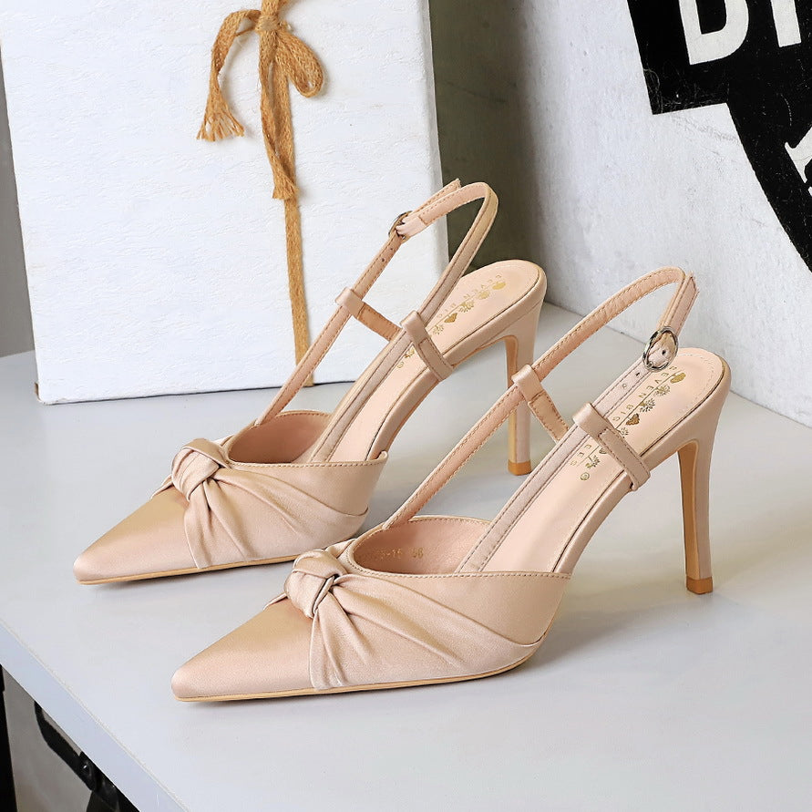 Cocktail Satin Bow Stiletto Heel High Heel Shoes Pointed Shallow Mouth Back Empty Closed Toe Shallow Mouth Pumps ForestFootwear