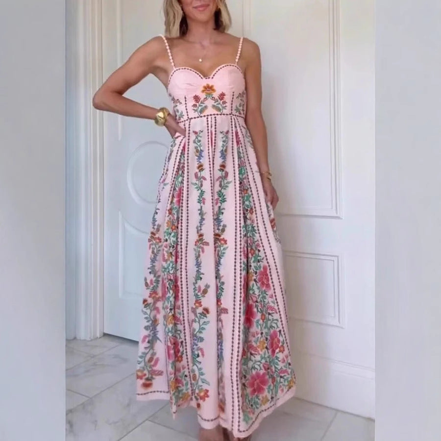 Sexy Decorative Beads Sling Positioning Print Holiday Dress Women Gemi