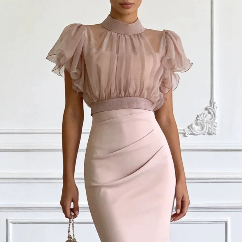 Fashionable Sheer Mesh Lace up Waist Controlled Top Strap Sheath Dress Venly