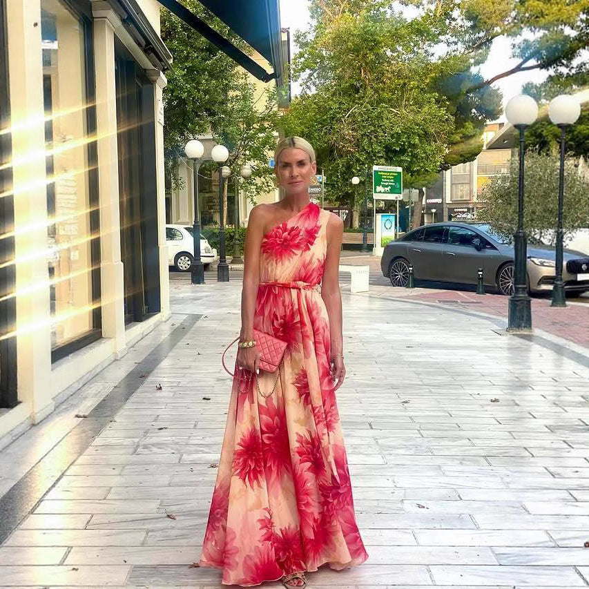 Summer Shoulder Waist-Controlled Lace up Wide Hem Printed Dress Women Zemy