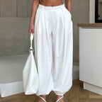 Women Clothing Simple All Match Loose Fit Tappered Trousers Pleated High Waist White Casual Pants Kigali