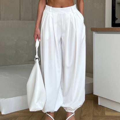 Women Clothing Simple All Match Loose Fit Tappered Trousers Pleated High Waist White Casual Pants Kigali