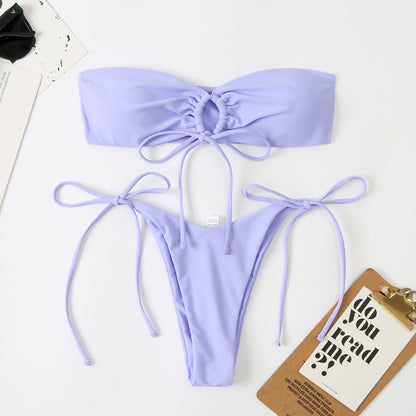 Bikini de dos piezas con parte superior de tubo y abertura en la espalda para mujer, traje de baño de playa sexy