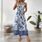 Summer Retro Vacation Blue White Porcelain Printed Sleeveless Dress HUNDRED