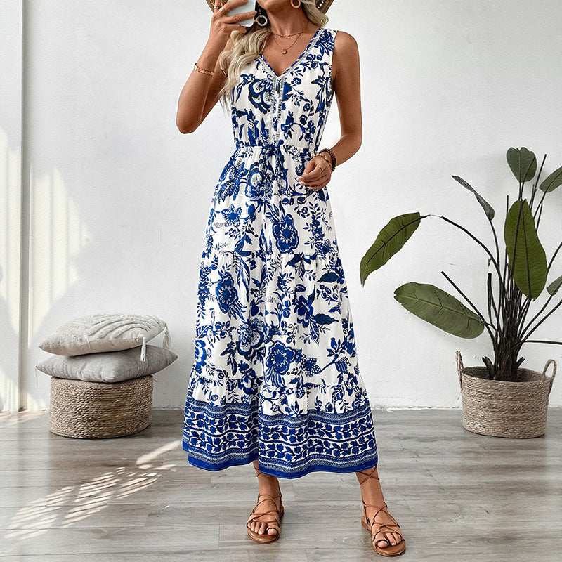 Summer Retro Vacation Blue White Porcelain Printed Sleeveless Dress HUNDRED