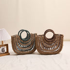 Bolso de paja portátil semicircular ahuecado con asa redonda y color contrastante para mujer, bolso de playa para vacaciones en la playa 