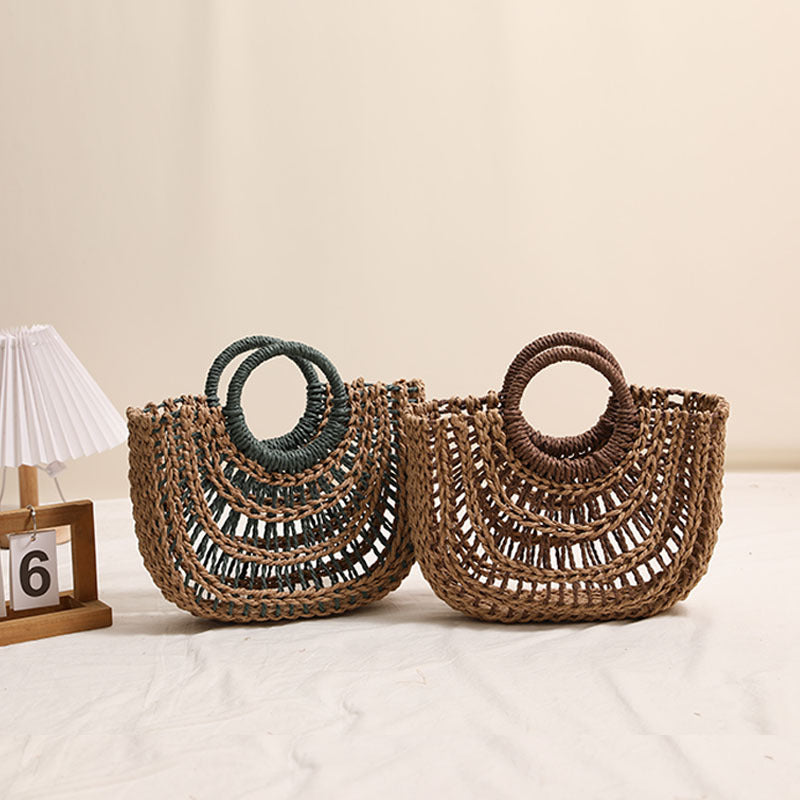 Bolso de paja portátil semicircular ahuecado con asa redonda y color contrastante para mujer, bolso de playa para vacaciones en la playa 