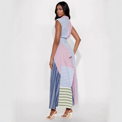 Women Clothes Cool Contrast Color Patchwork Stripes V neck Dress Irregular Asymmetric Cinched A line Dress
