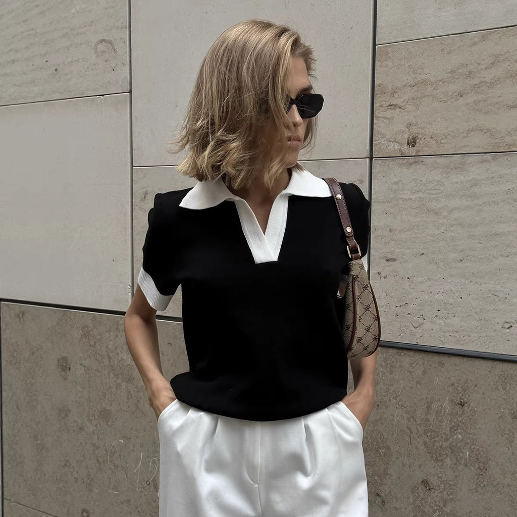 Short Sleeved Knitwear Summer Office Polo Collar Contrast Color Slim Fit Knitted Top BlueLine