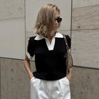 Short Sleeved Knitwear Summer Office Polo Collar Contrast Color Slim Fit Knitted Top BlueLine