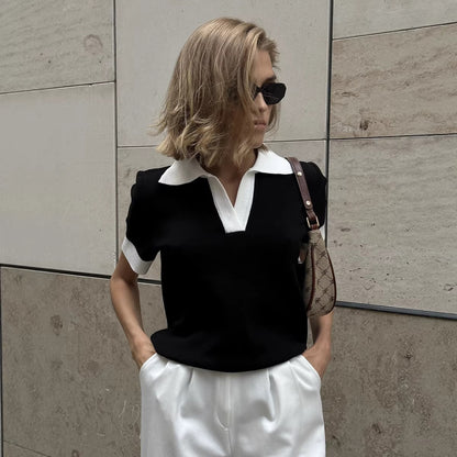 Short Sleeved Knitwear Summer Office Polo Collar Contrast Color Slim Fit Knitted Top BlueLine