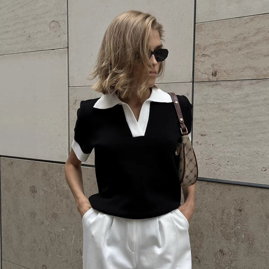 Short Sleeved Knitwear Summer Office Polo Collar Contrast Color Slim Fit Knitted Top BlueLine