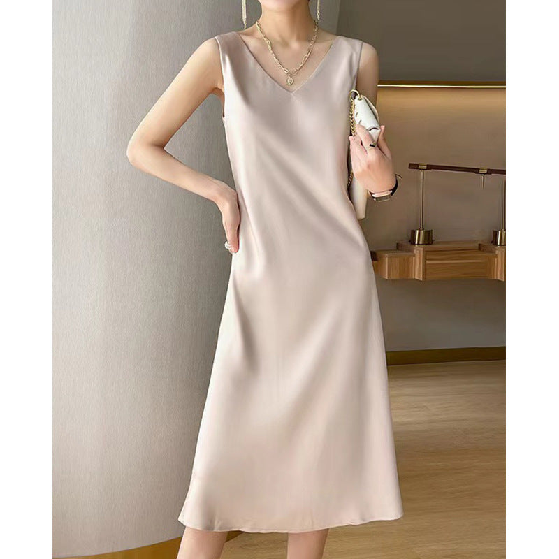 Sleeveless Dress Women Satin Long below the Knee Summer Inner Wear plus Size Solid Color Halter Dress