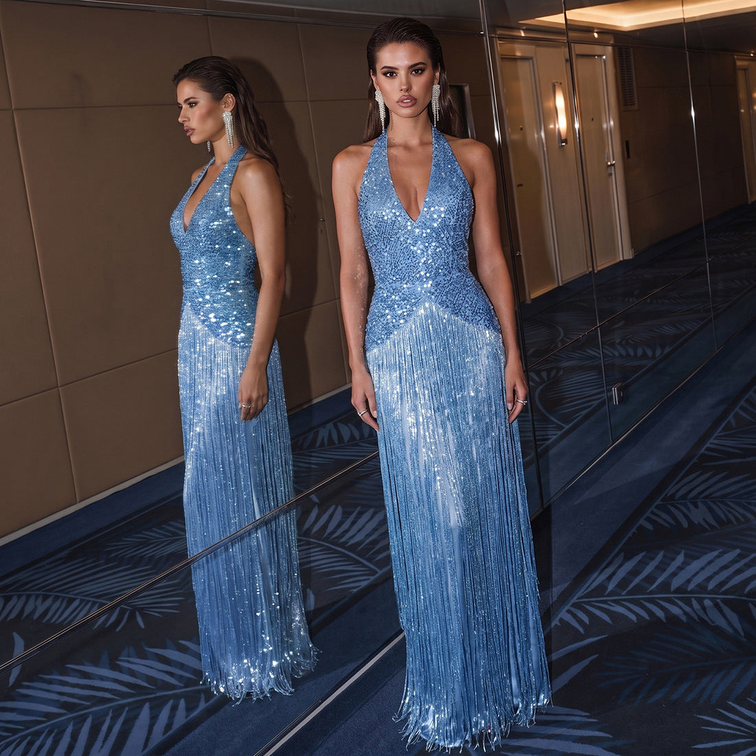 Summer Women Elegant Sexy Sequined Tassel Design Dress Cecil