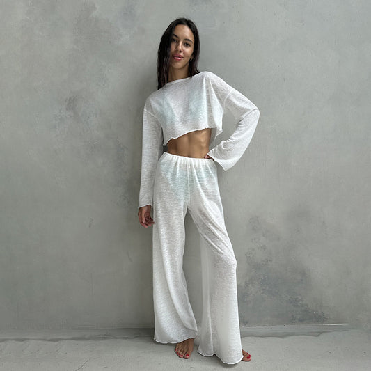 Autumn White Knitted Fabric round Neck Long Sleeved Trousers Pajamas Two Piece Loose Comfortable Ladies Homewear