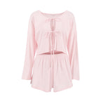 Pijama holgado de punto con cordones en jacquard para el hogar, ropa de otoño, pantalones cortos de manga larga, cómodos e informales para mujer