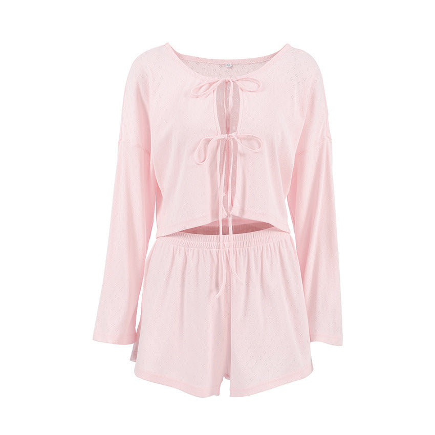 Pijama holgado de punto con cordones en jacquard para el hogar, ropa de otoño, pantalones cortos de manga larga, cómodos e informales para mujer