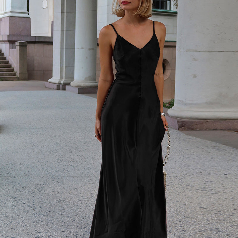 Fall Maxi Dress Socialite Sexy V neck Backless Satin Strap Dress EFFISEN