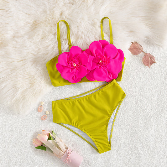 Traje de baño de cintura alta con abertura en color sólido para mujer, bikini floral sin cordones con top de tubo