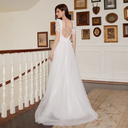 French Pastoral White Large Swing V neck Short Sleeve Elegant Backless Cocktail Wedding Dress