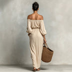 Women Clothing Summer Waist Puff Sleeve Vacation Dress French Casual Dress Apricot off the Shoulder Jumpsuit Rogan