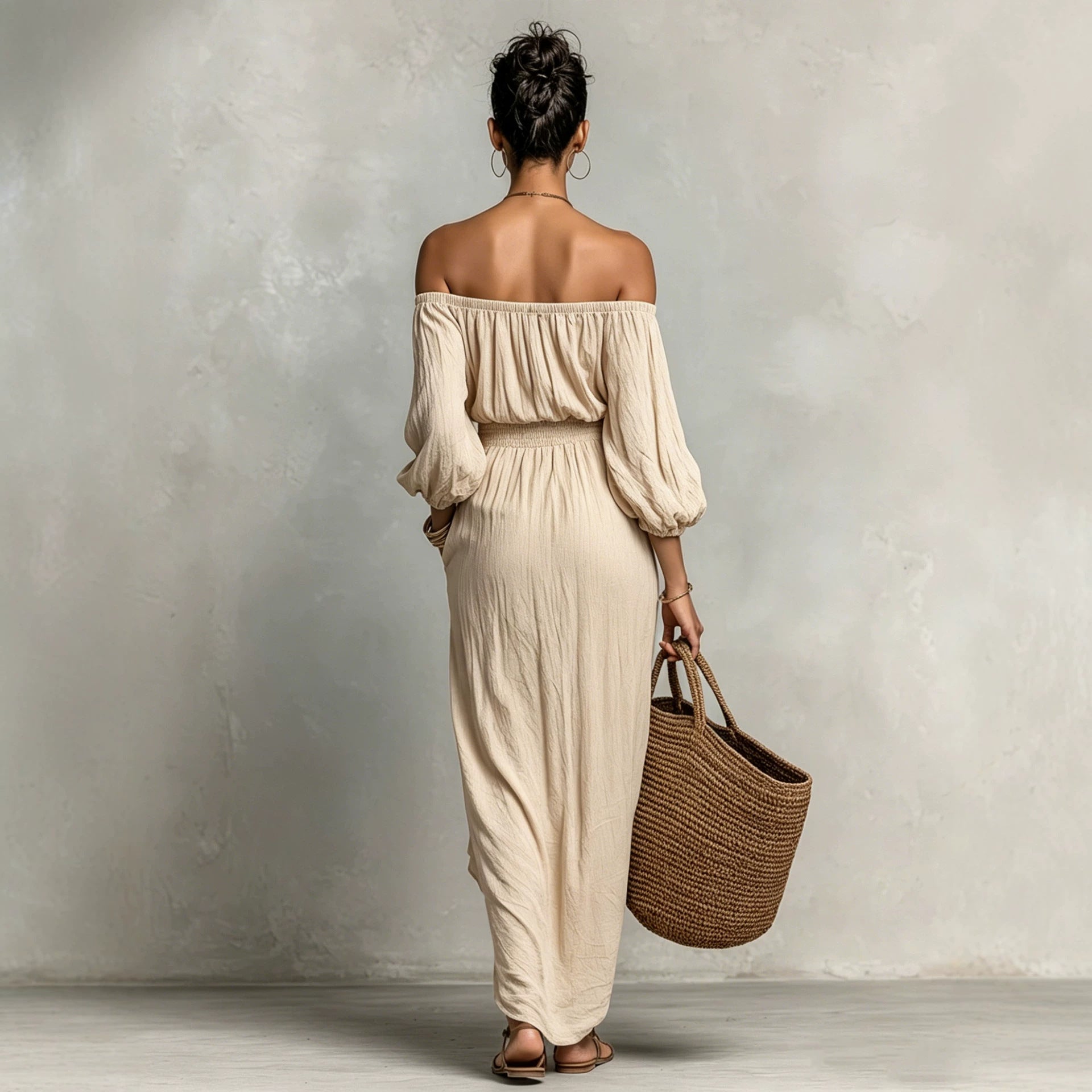 Women Clothing Summer Waist Puff Sleeve Vacation Dress French Casual Dress Apricot off the Shoulder Jumpsuit Rogan