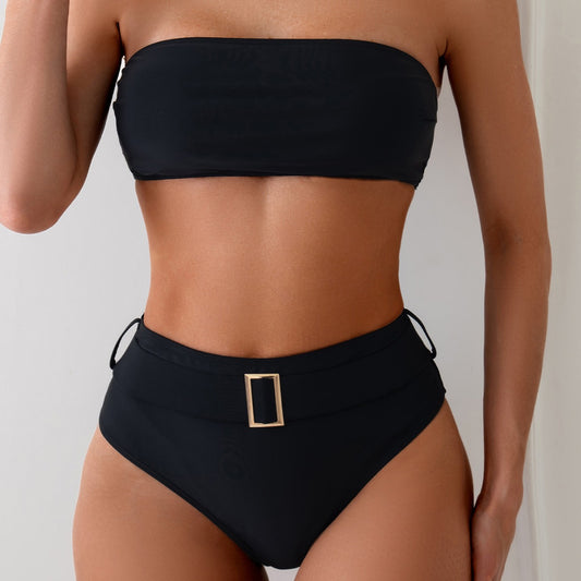 Traje de baño de verano para mujer, top de tubo sin tirantes, cintura alta, sexy, traje de baño de color sólido