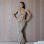 Women Clothing Sexy Twisted Hollow Out Cutout out Dress Pleated Lace up Halter Sleeveless Fishtail Dress LingSharp