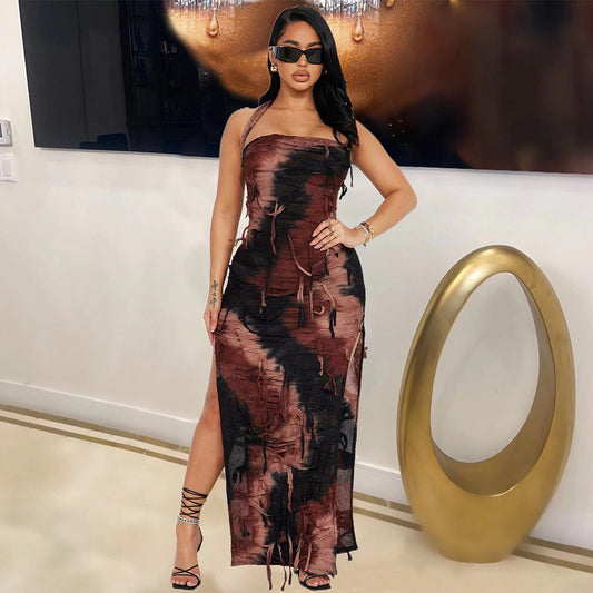 Women Clothing Autumn Tie-Dyed Tassel Split Beggar Dress Sexy Dress