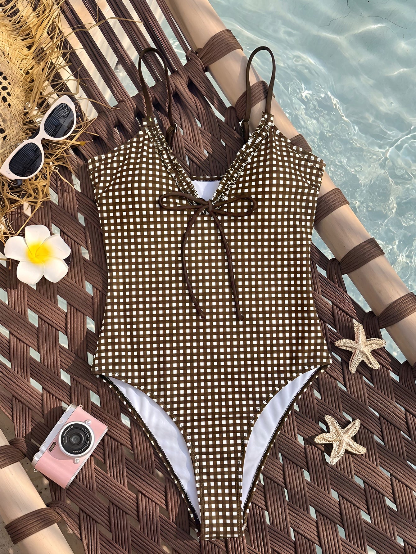 One Piece Swimsuit Plaid Striped Print Knotted Sexy Bikini Beach Women WithWind